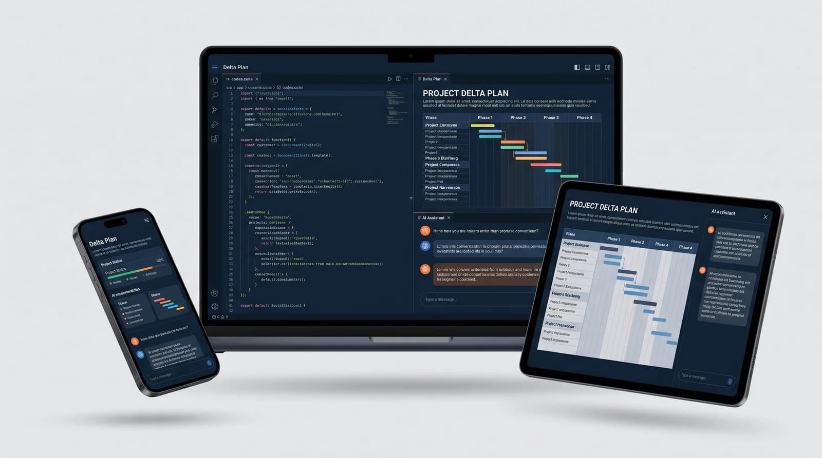 Beispiel für responsives Design von mit Axios entwickelter Software auf Web, Tablet und Mobilgeräten