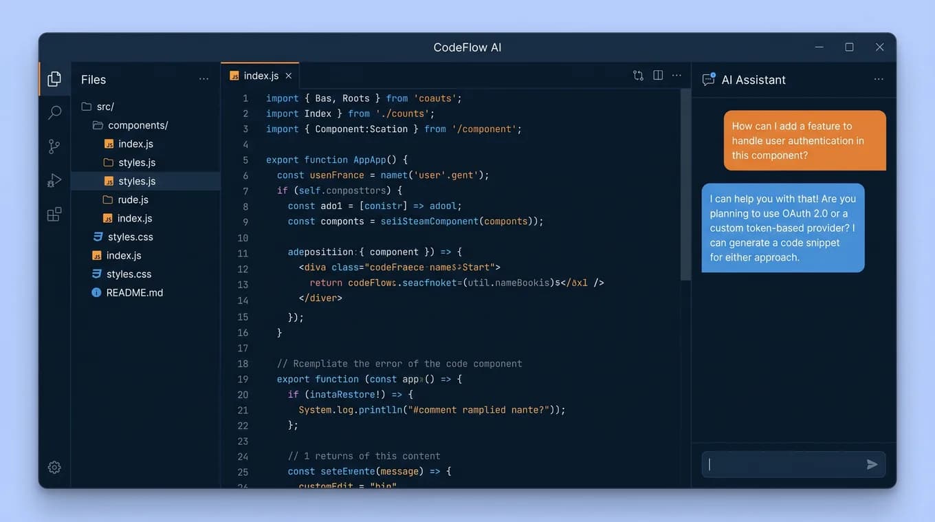 KI-gestützte Entwicklungsumgebung — Dateibaum, Code-Editor und KI-Assistent-Chat-Panel